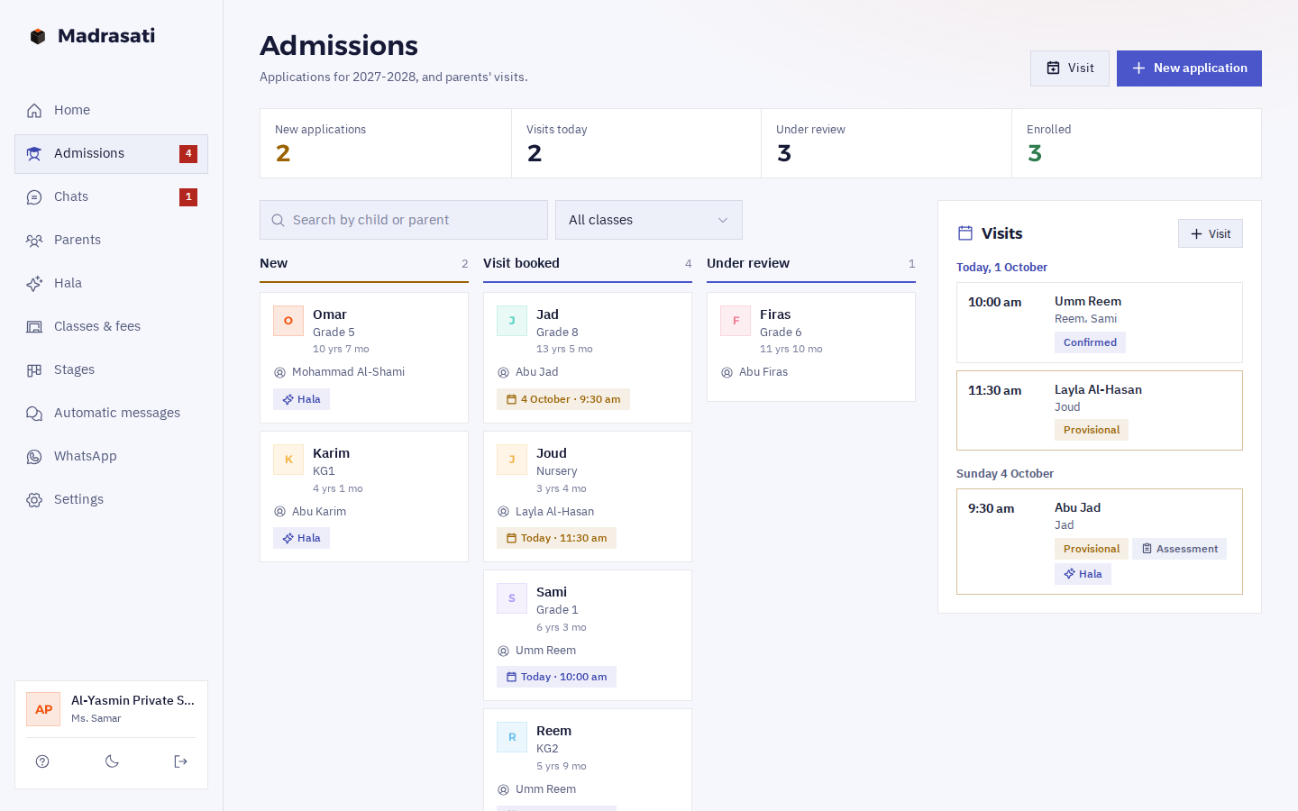 The Madrasati admissions page: new applications, visits booked and under review, each child with class, age, parent and visit time, a “Hala” tag on those the assistant opened, and today's and Sunday's visits beside them