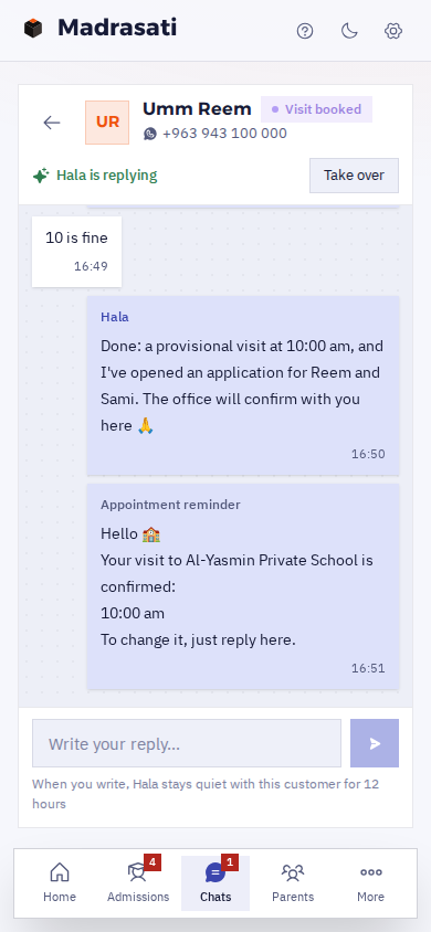 A WhatsApp chat on a phone: Umm Reem asks about registering two children, and Hala tells her Reem belongs in KG2 and Sami in Grade 1 by date of birth, with the fees and the sibling discount, and books a provisional visit