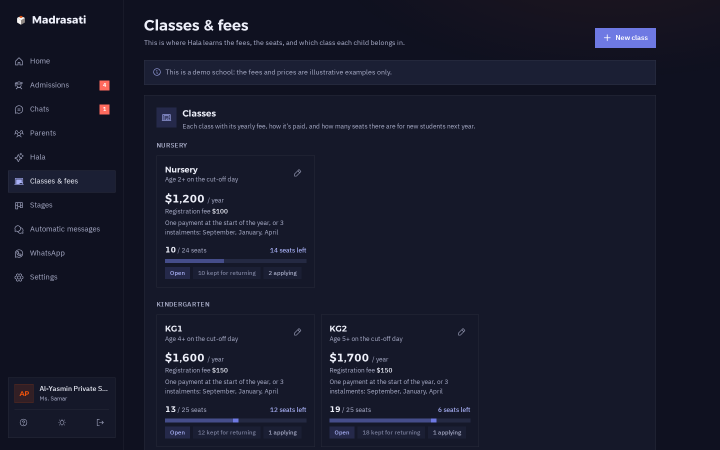 The classes and fees page in dark mode
