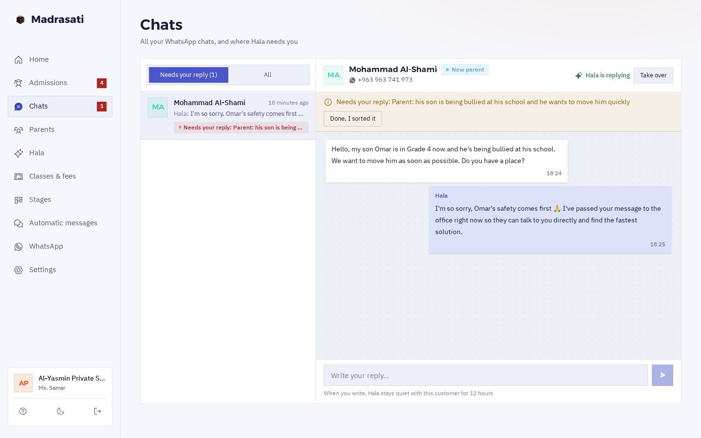 The chats page: a father says his son is being bullied at his school and they want to move him, Hala has handed the chat over, and above it “Needs your reply” with a “Take over” button